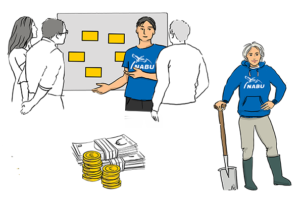 Illustration einer Ehrenamtlichen und eines Übungsleiters, sowie Geld als Symbolbild für Pauschalen