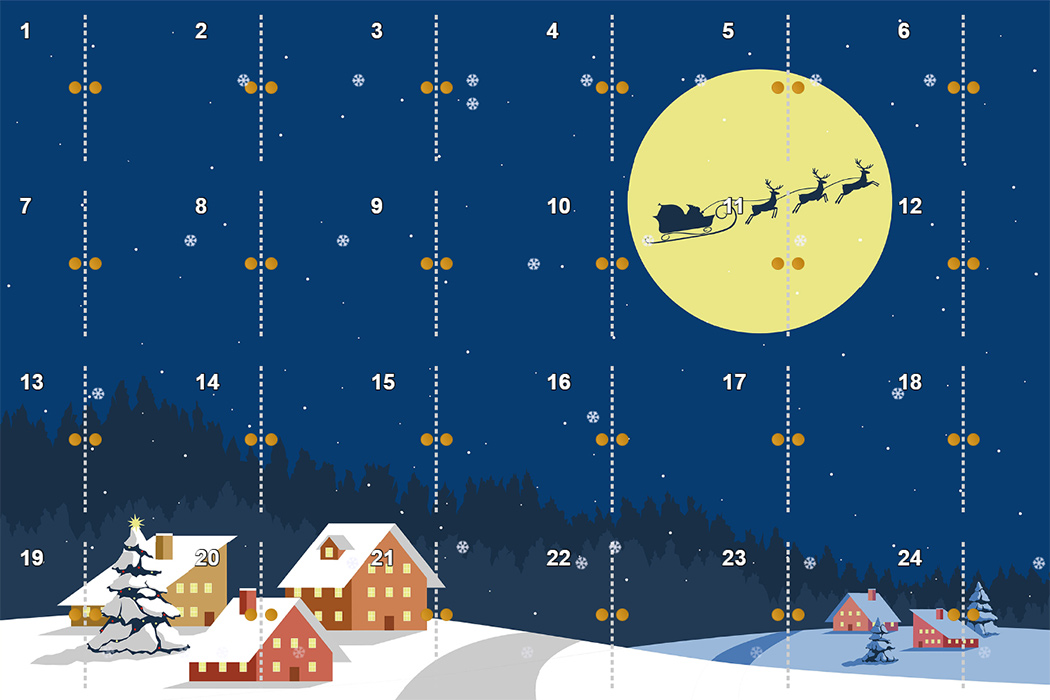 Winterlandschaft, Weihnachtsmann und Rentierschlitten