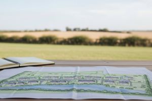 Plan und Buch auf einem Schreibtisch vor einer Ackerlandschaft