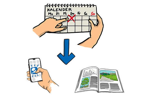 Kalender mit einem Pfeil zu Social Media und Zeitschrift