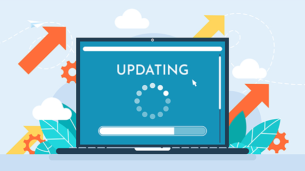 Illustration eines Laptops, auf dessen Bildschirm "Updating" steht.